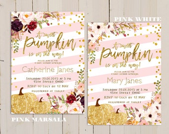 pink gold pumpkin baby shower invitation, pumpkin baby shower invitation, pink sweet pumpkin is on the way, girl gold pumpkin baby shower