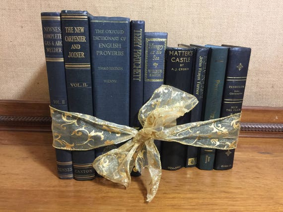 Assorted NAVY & GOLD Vintage Book Collection - Old Books Decoration - Foot Long Shelf Staging - Home Decor and Interior Design Props