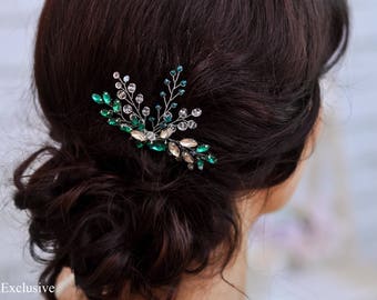 Bridal hair comb silver Green hair comb Wedding hair comb small Wedding comb Bridal comb Wedding hairpiece Bridal hair piece silver