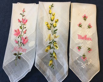 Mother-of-the-Bride Gift, FREE SHIPPING Vintage Wedding Hankie Embroidered Mother-of-the-Groom Handkerchief Mom Birthday Gifts Hankies