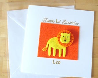 Lion card, First birthday card oy, 1st 2nd 3rd 4th 5th 6th birthday, Age 1, One, Personalised lion card, animal, felt card, children's card