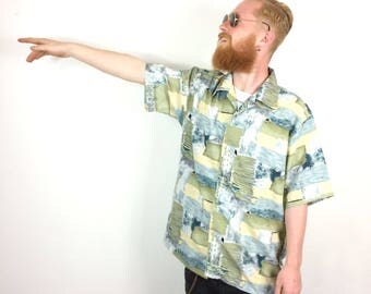 90s Vintage Patchwork Print Shirt - Pastel Color Geometric Soft GRUNGE Hawaiian style Crazy Print Short Sleeve Shirt - Large L 41 42