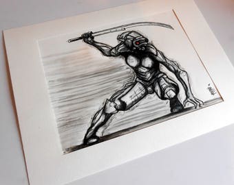 original artwork ink drawing cyberpunk - ninja cyborg - @Méka - drepth