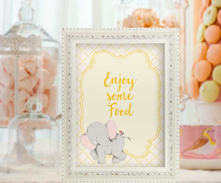 Baby Shower Food Signs Elephant Enjoy Some Food Yellow and