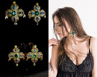 Baroque Cross Dolce Earrings Chandelier Gold Earrings Large Corss Swarovski Earrings Green Blue Red Womens Gift Byzantine Earrings Dangle