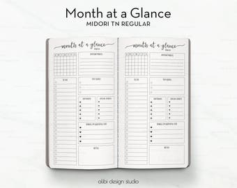 Month at a Glance, Midori TN Regular, Monthly Planner, Midori Inserts, To Do List, Travelers Notebook, Midori Refill, Bullet Journal