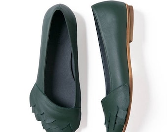 Green leather shoes, Leather shoes, Handmade shoes, Ballet flats, Women's shoes, Leather flats, Green flats, Women flats