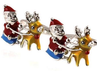 Father Christmas Reindeer Cufflink -k249 Free Gift Box**