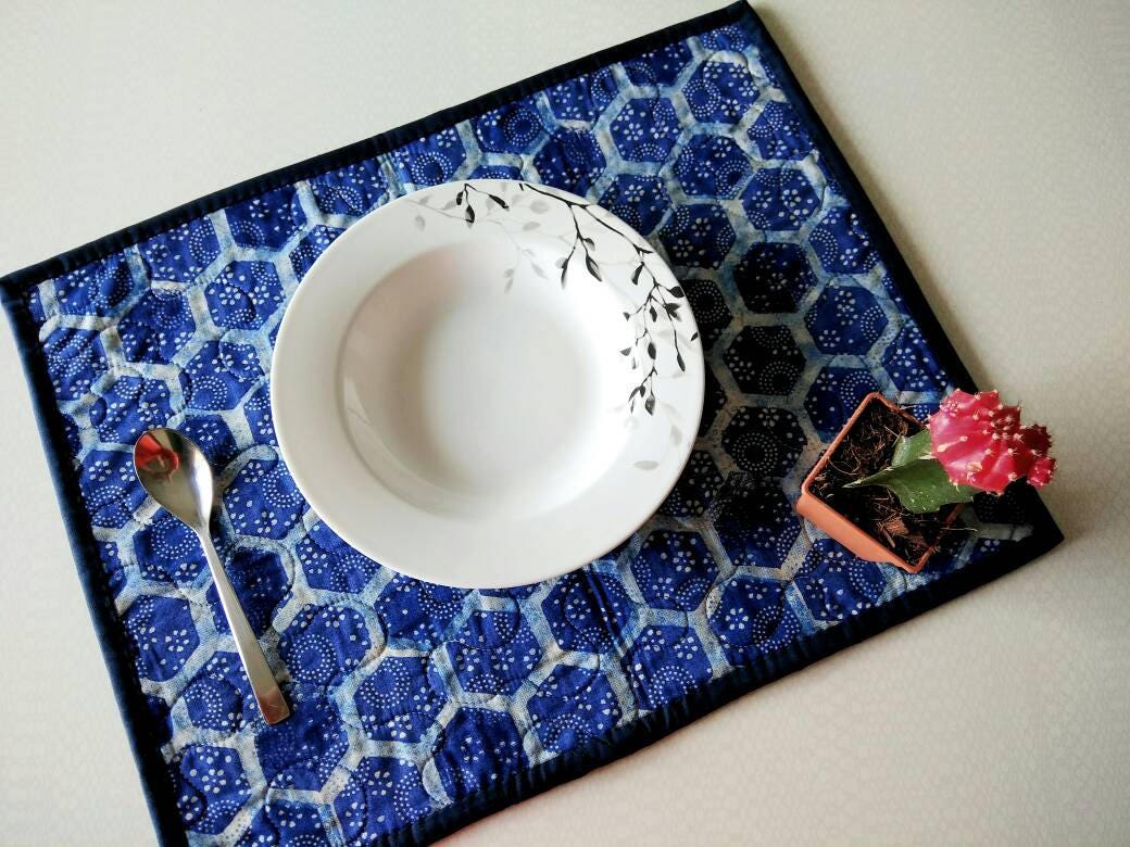 Blue quilted placemats shibouri mats reversible table