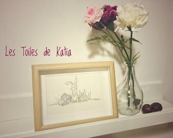 The Bunny trio. Watercolor postcard size 10 X 15