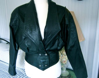 80's Black Leather cropped Jacket