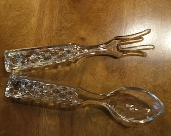Vintage pressed glass salad spoon and fork