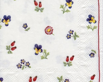 Decoupage Paper Napkins Petit Fleurs, Flowers, Floral, Red Border (1x Napkin) Ideal for Decoupage, Collage, Mixed Media, Crafts