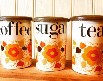 Mary Quant crown devon tea/coffee/sugar set of storage jars 1960s