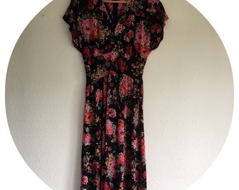 Vintage 70's Black Floral Maxi Summer Dress Size 10