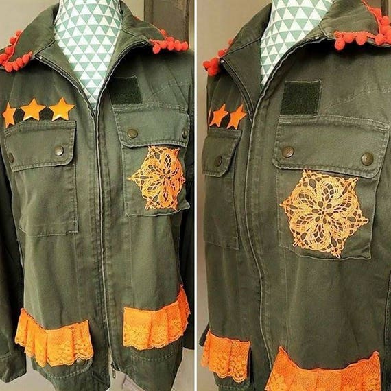 Military jacket khaki style hippie chic. Custom vintage