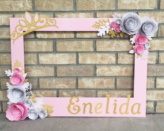 Pink Princess Birthday Frame booth prop with 3D flowers