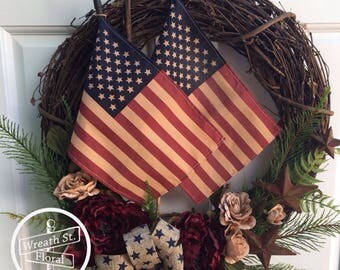 Flag Wreath, Patriotic Wreath, Rustic Wreath, Americana Wreath, 4th Of July Wreath, Front Door Wreath, Wreath Street Floral, Door Wreath