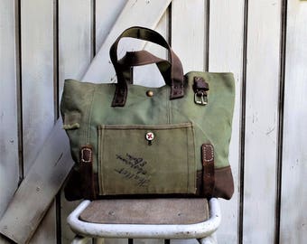 Recycled military canvas bag, leather handles