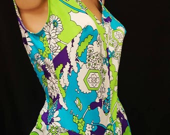 Vintage 60s ROBBY LEN Fashions Flower Power Summer of Love Psychedelic Mod Floral Swimsuit Bathing Suit M NWT