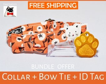 Halloween gift bundle 'White Berry' cat id tag + breakaway collar + bow tie and bell - kitten collar - cat collar - thanksgiving gift