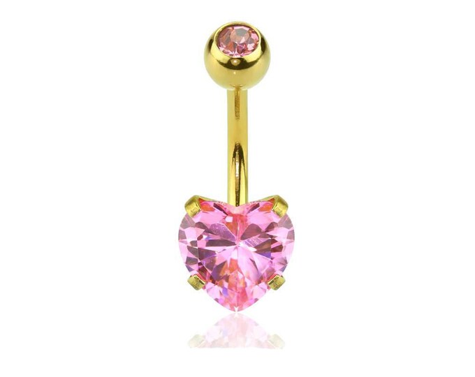 Gold Plated Prong Set Heart CZ 316L Surgical Steel Navel(Belly) Ring