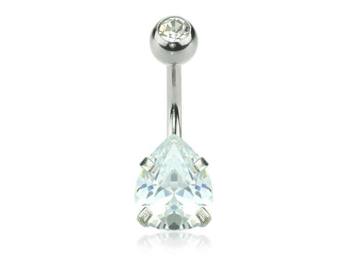 Double Gem Prong Set Tear Drop CZ 316L Surgical Steel Navel Ring