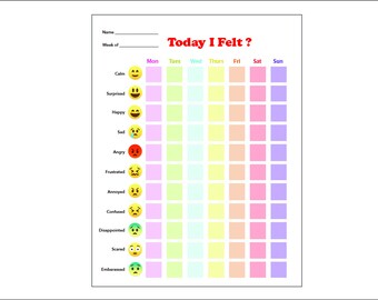 Feeling Identifier Mood Chart Tracker Weekly Journal Worksheet Printable Mental Health Therapist School Counselor Psychologist Children Tool