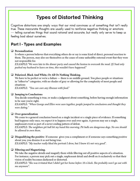 4 page distorted to realistic thinking printable worksheet