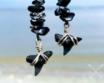Genuine Shark Tooth Dangle Earrings with Snowflake Obsidian Gemstone Chips
