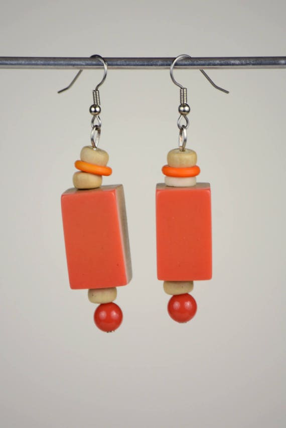 RR#113 Orange Blocks Drop Earrings