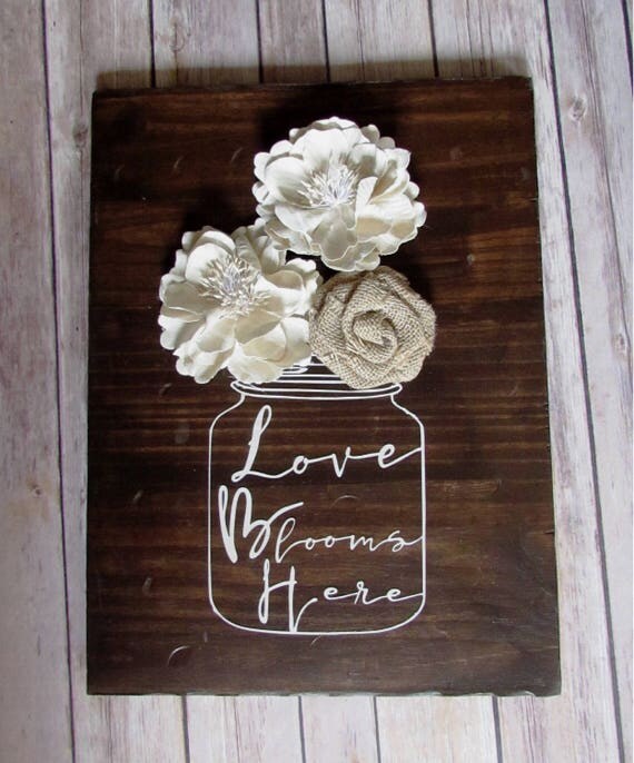 Love Blooms Here Wood Sign Burlap Roses Magnolia Flower