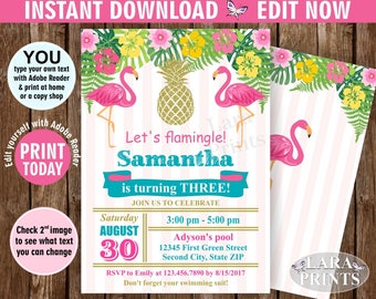 INSTANT DOWNLOAD / Birthday Invitation / Flamingo / Pineapple / Pool / Bash / invite / Luau / Hawaiian / Party Pink Teal Gold BDP2