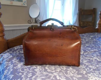 Excelente bolso Vintage cuero Gladstone, grueso cuero tal calidad, interior de gamuza, hermoso muy robustos, caso punk, robusta asa de vapor.