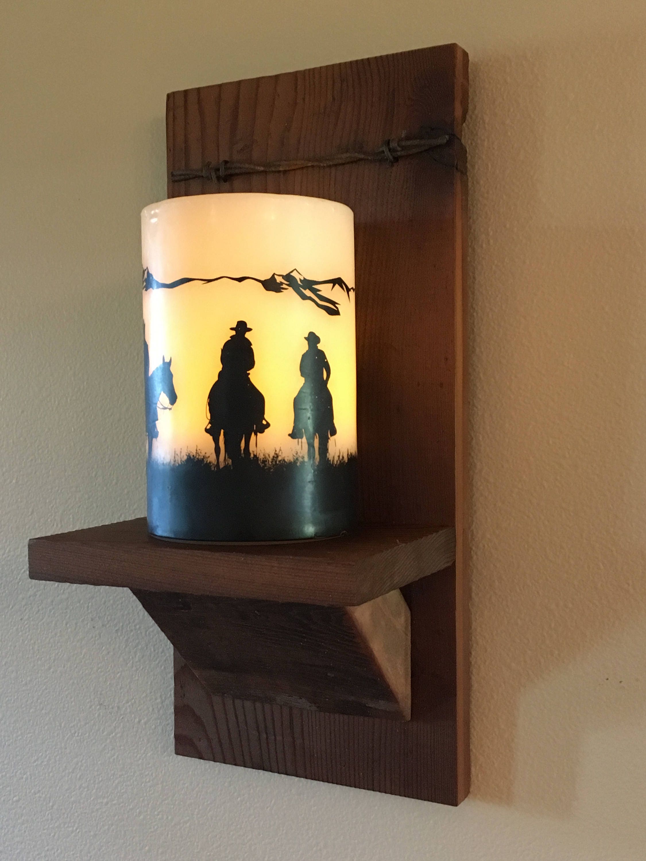 Rustic barn wood wall sconce with flickering flameless candle