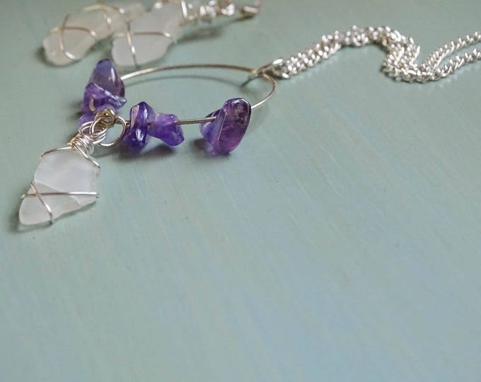 Lake Michigan White Beach Glass Necklace and Earrings with Purple Beads for Her