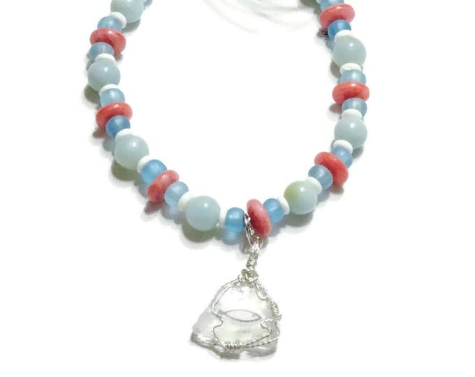 White Authentic Lake Michigan Beach Glass with the Christian Fish on the back - Wire Wrapped - Blue and coral beads - Beautiful for Her