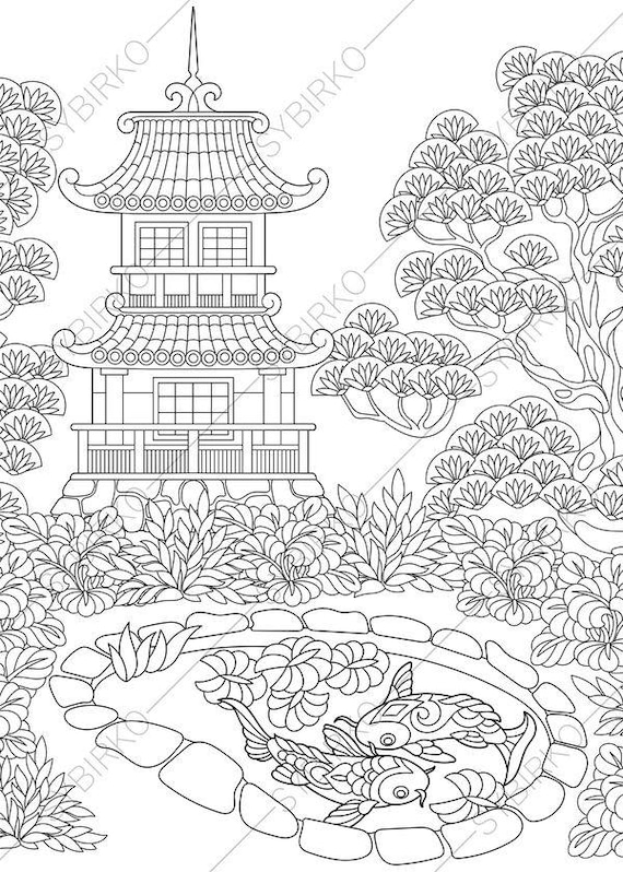 Adult Coloring Pages Japanese Garden Zentangle Doodle Book For Adults Digital Illustration Instant Download Print