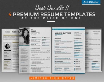 Creative Resume Template / CV Template Bundle - 4 Best Word Resume / CV Design + Cover Letter, A4 / USLetter, PC and Mac, Instant Download