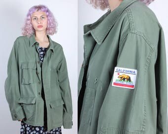 80s California Patch Army Jacket // Vintage Button Up Olive Drab Grunge Oversized Shirt - Extra Large to XXL