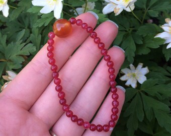 Carnelian and Red Crystal Beaded Bracelet (Elastic)