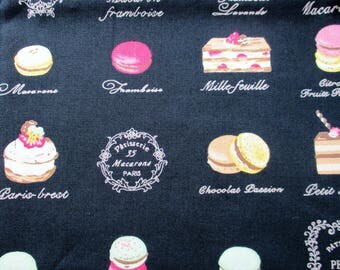 Black cotton patisserie fabric - macarons, eclairs, cakes 50cmx50cm fat quarter