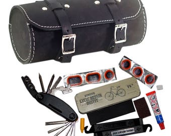 Repair Set For Bikes: Leather Bag, Multi-tool, Puncture Repair Kit MADE IN UK
