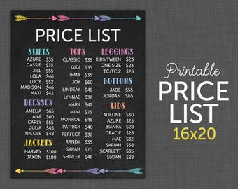 16x20 Lularoe Price List, UPDATED - Lularoe Price Sign, Price Sheet - Instant Download - Printable