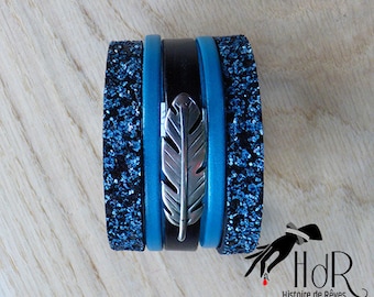Blue black Peacock feather leather cuff