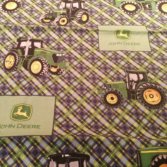 John Deere Tractor Blue Diagonal Plaid Fabric 100% Cotton