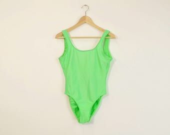 Vintage 90s Swimsuit, 90s One Piece Swimsuit, Neon Green Swimsuit, High Cut Swimsuit, 90s Bathing Suit, Womens Ribbed Swimsuit - Large
