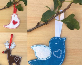 3 x ITH Christmas Tree Decorations. Set of 3. Reindeer & birds. By Pixie Willow Patterns