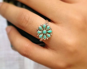 Sterling silver turquoise ring/boho turquoise ring/navajo ring/December birthstone ring/promise ring/flower ring/bohemian ring/stacklable