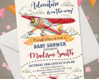 Airplane Baby Shower Invitation Boy Airplane Baby Shower Invite Vintage Retro Airplane Invitation Aviation Baby Shower It's a Boy Invitation